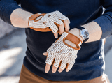 White knit and leather fingerless glove for bikes and electric bikes